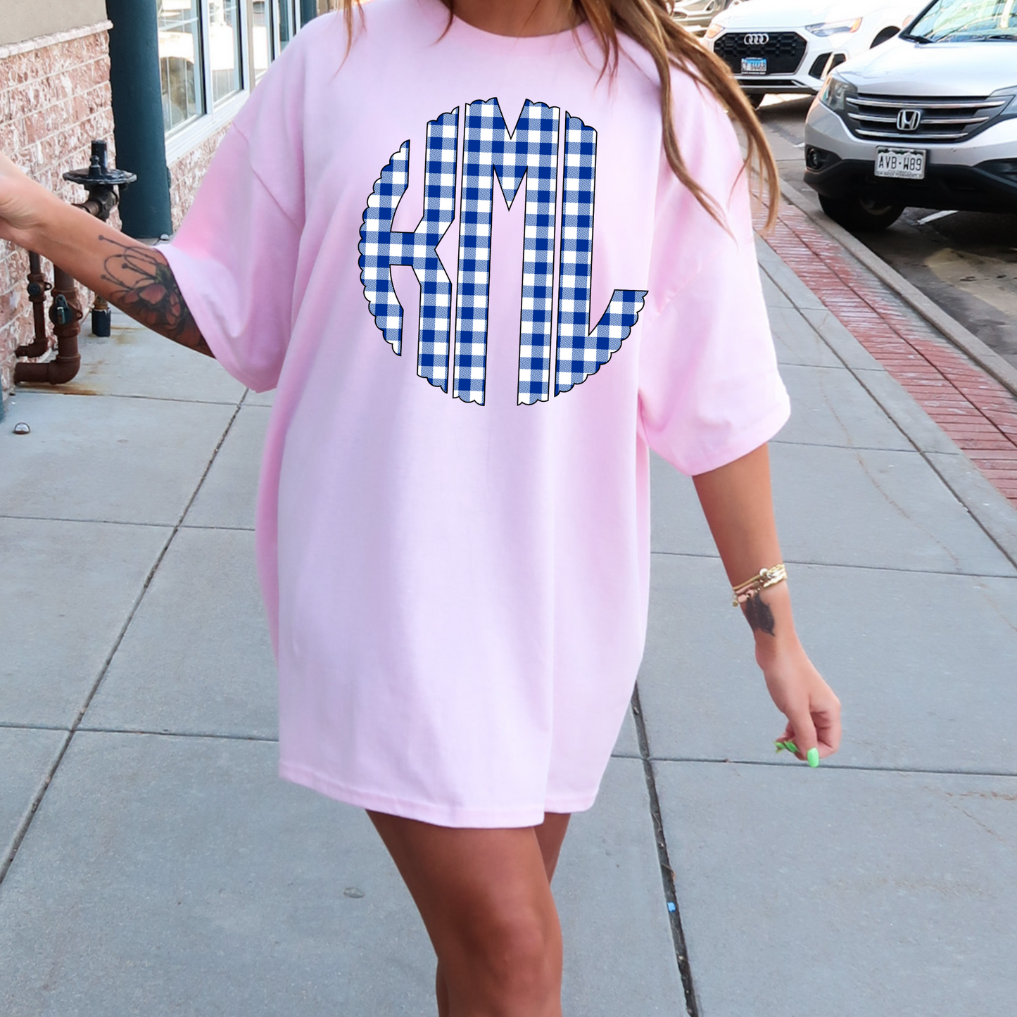 Navy Gingham Comfort Color Monogram Graphic Tee