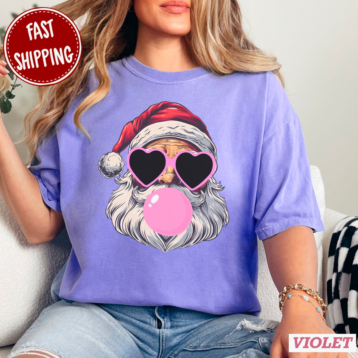 Sunglasses Santa Pink Comfort Color Graphic Tee