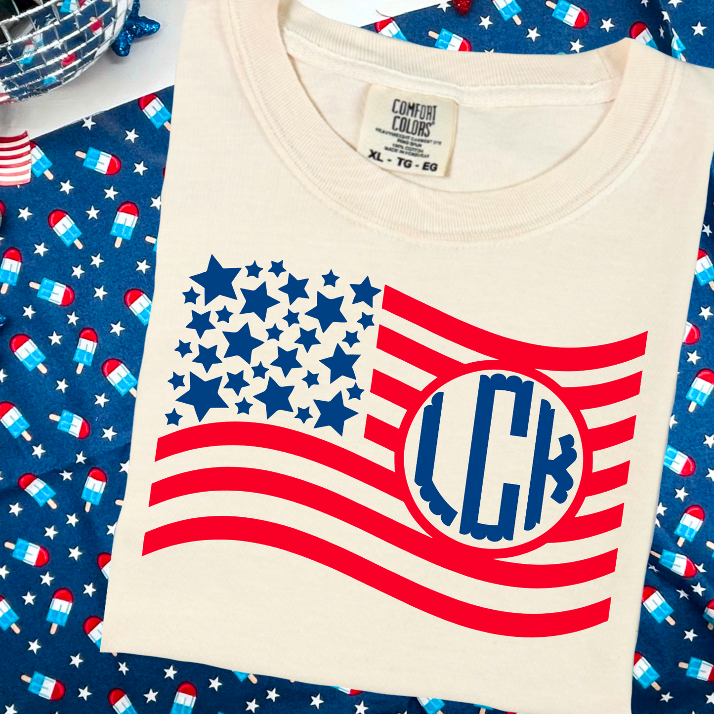 4th Of July  Monogram Flag Comfort Color Monogram Graphic Tee