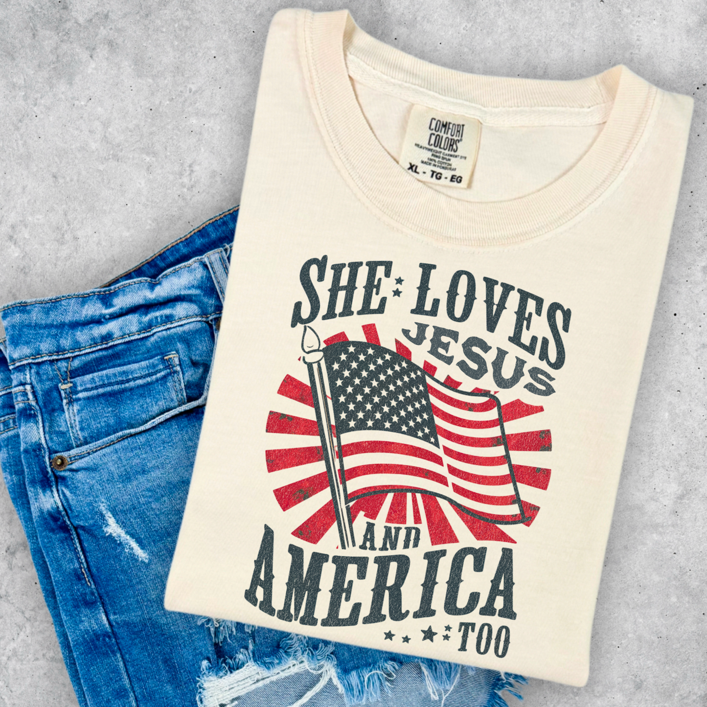 She Loves Jesus And America Too V2 Comfort Color Graphic Tee