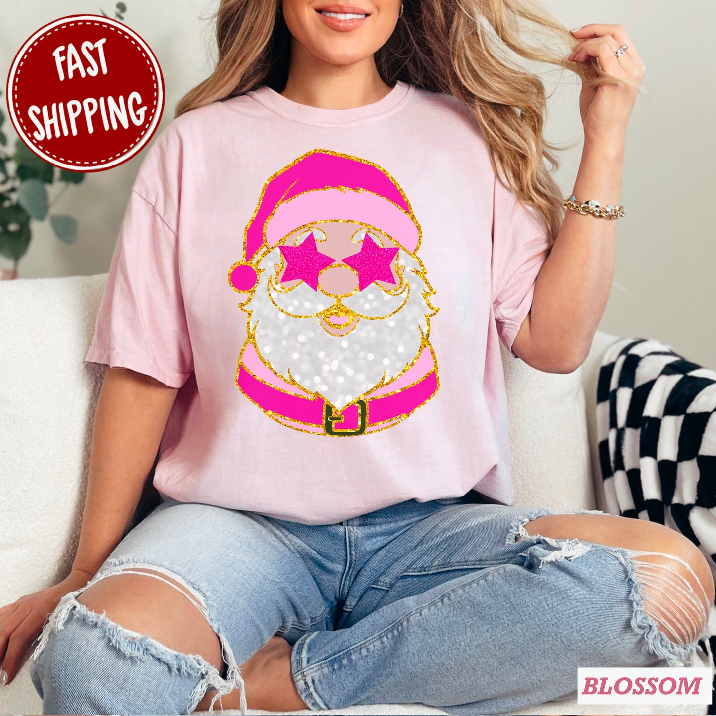 Santa Stars Pink Comfort Color Graphic Tee