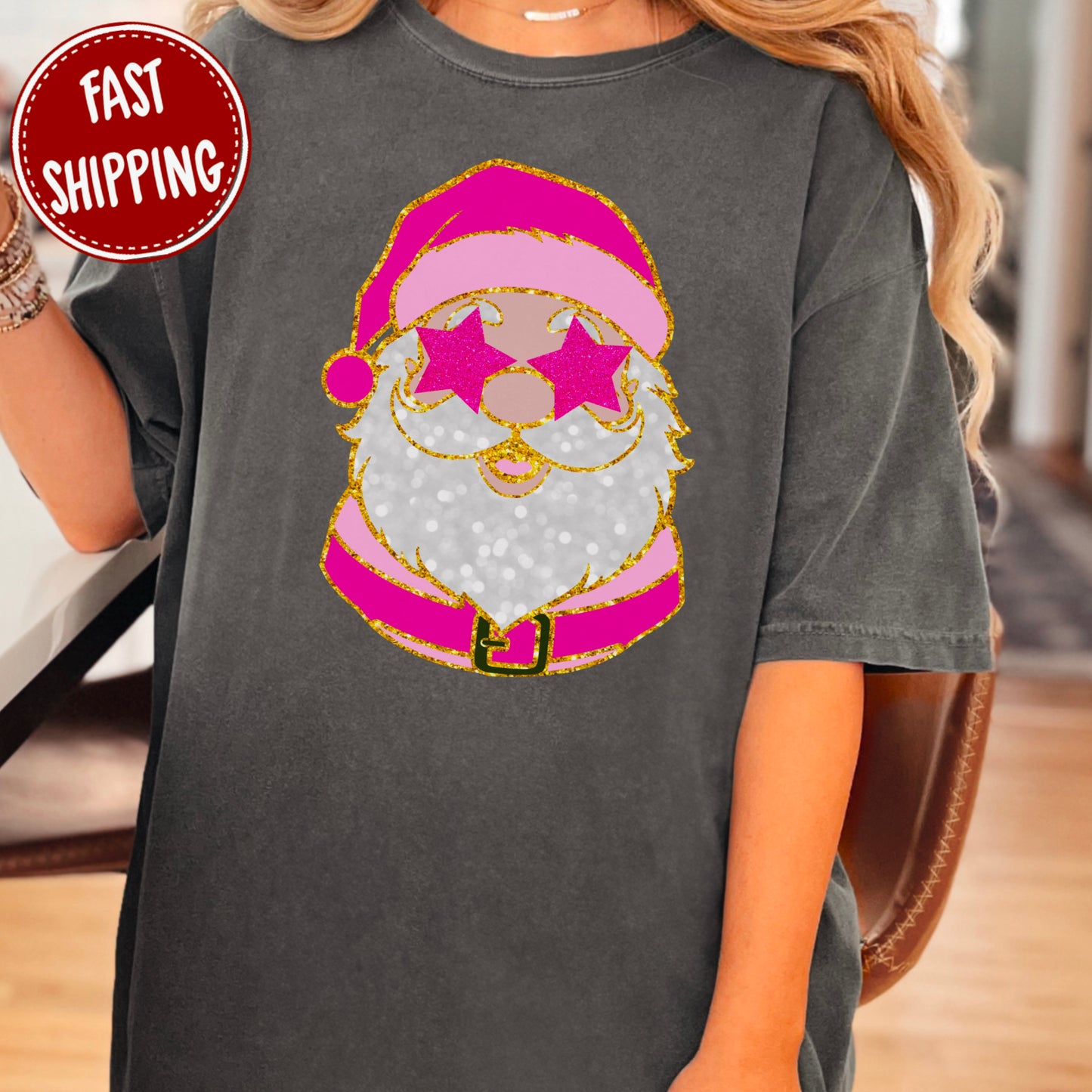 Santa Stars Pink Comfort Color Graphic Tee