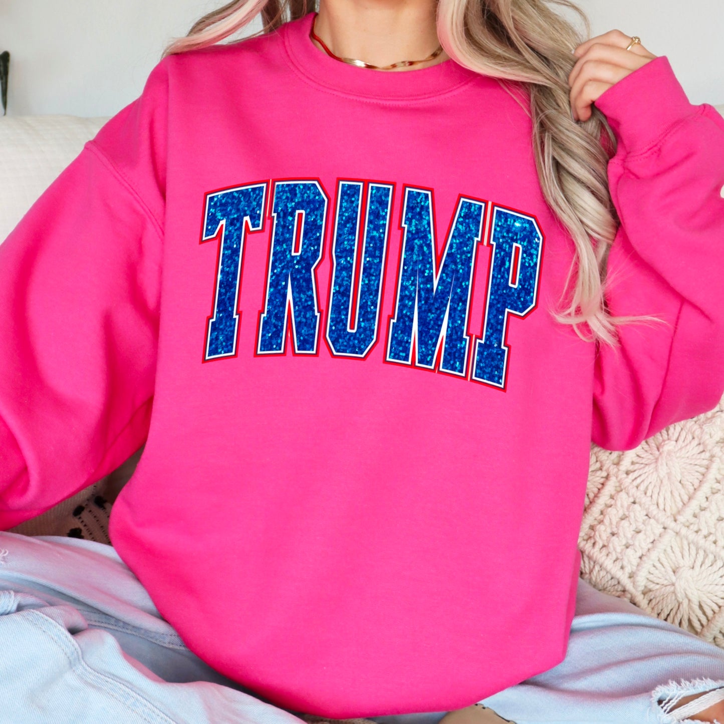 Trump Blue Faux Glitter Gildan Crewneck Sweatshirt