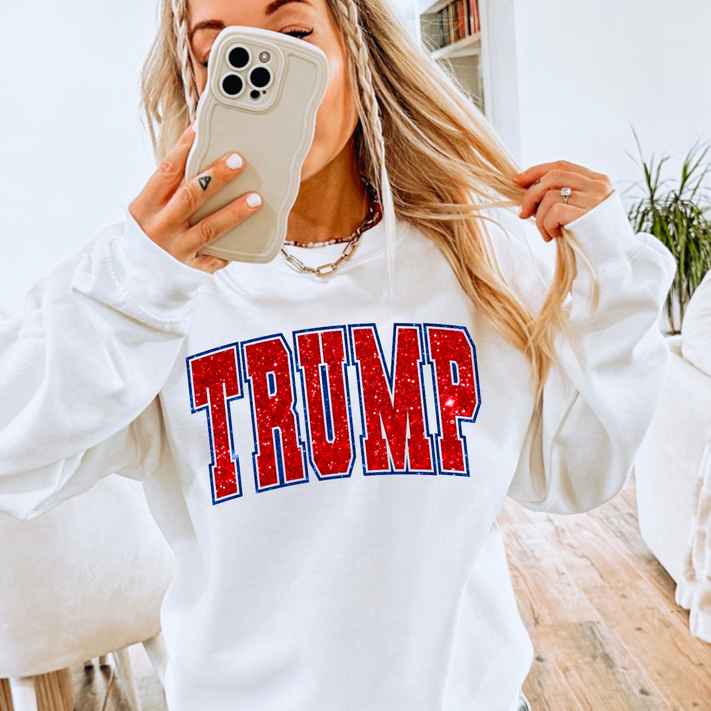 Trump Red Faux Glitter Gildan Crewneck Sweatshirt