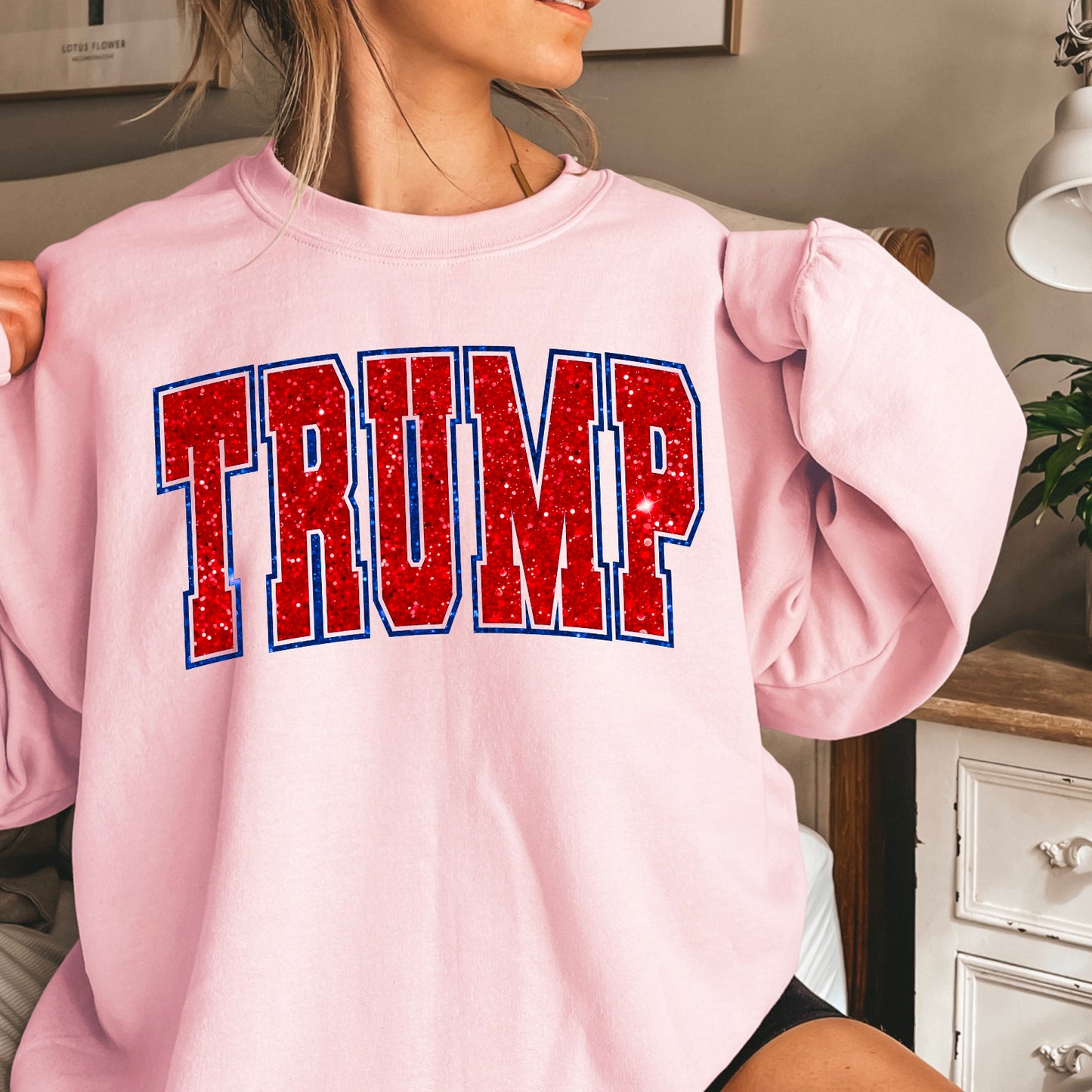 Trump Red Faux Glitter Gildan Crewneck Sweatshirt