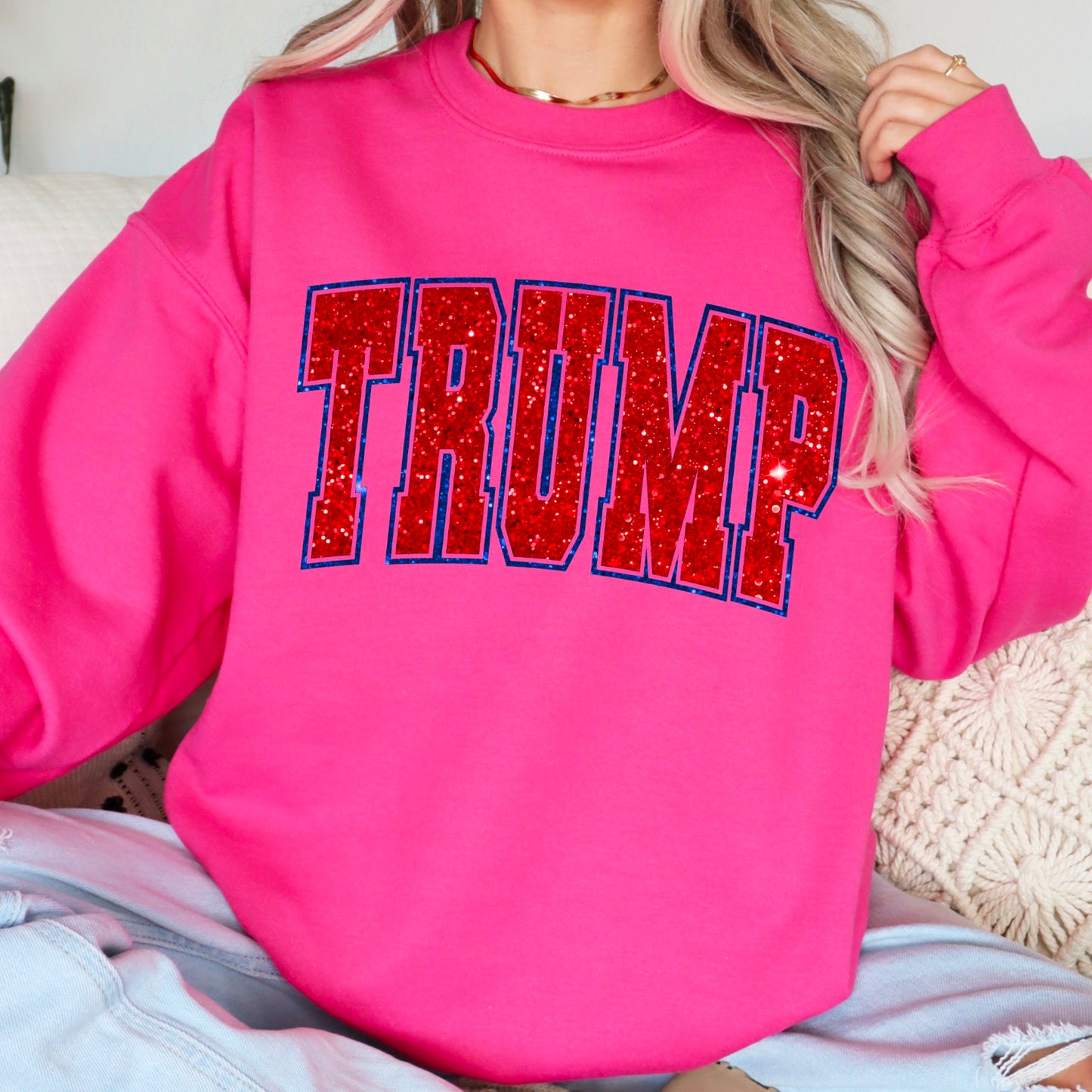 Trump Red Faux Glitter Gildan Crewneck Sweatshirt