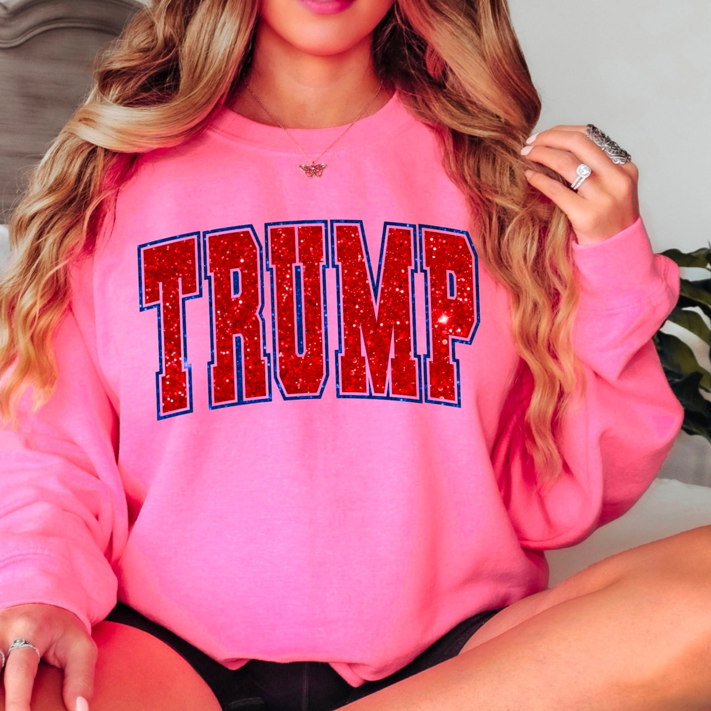 Trump Red Faux Glitter Gildan Crewneck Sweatshirt