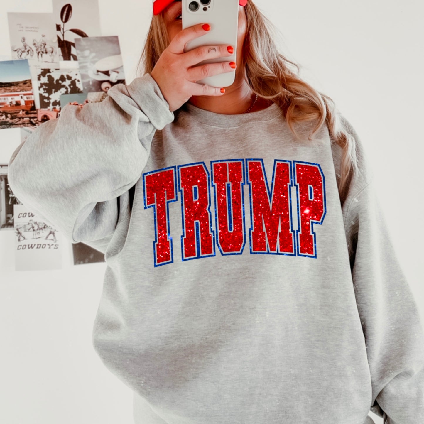 Trump Red Faux Glitter Gildan Crewneck Sweatshirt