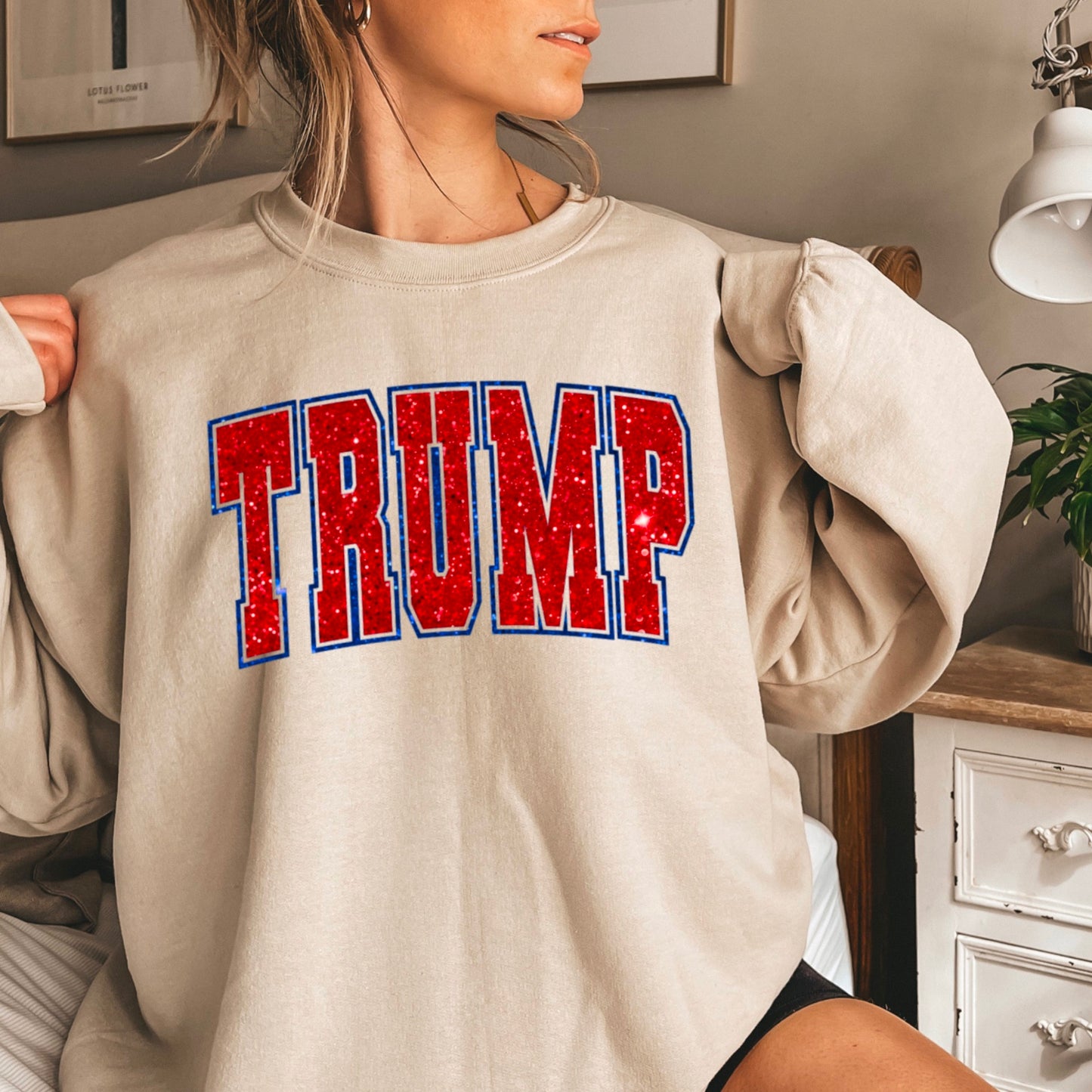 Trump Red Faux Glitter Gildan Crewneck Sweatshirt