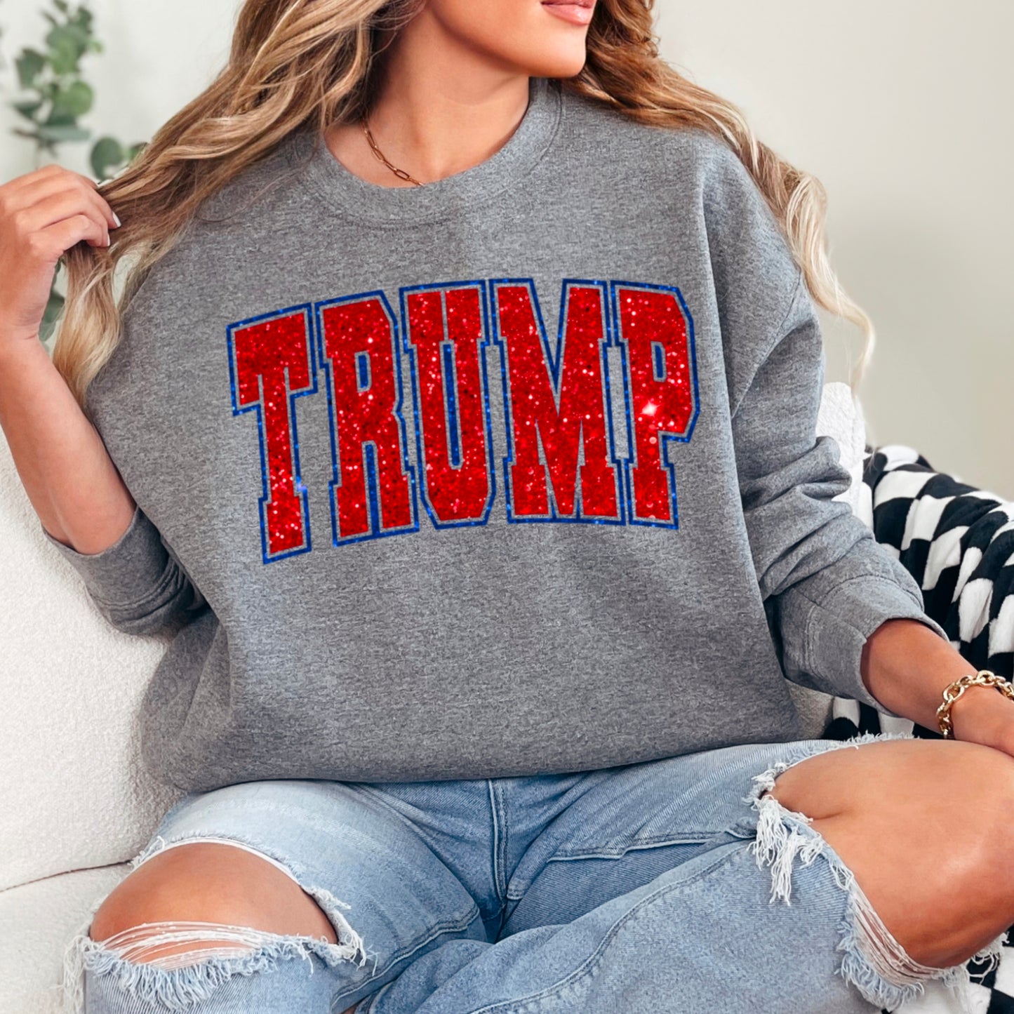 Trump Red Faux Glitter Gildan Crewneck Sweatshirt